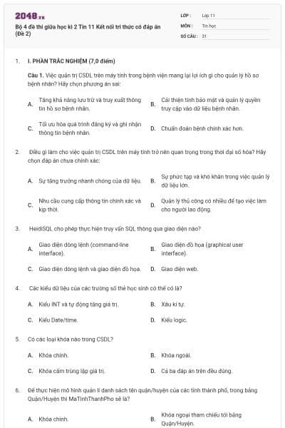 Bộ 4 đề thi giữa học kì 2 Tin 11 Kết nối tri thức có đáp án (Đề 2)