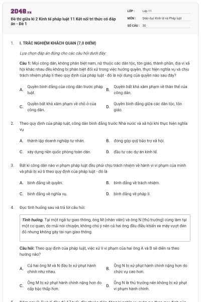 Đề thi giữa kì 2 Kinh tế pháp luật 11 Kết nối tri thức có đáp án - Đề 1