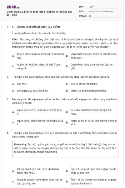 Đề thi giữa kì 2 Kinh tế pháp luật 11 Kết nối tri thức có đáp án - Đề 3