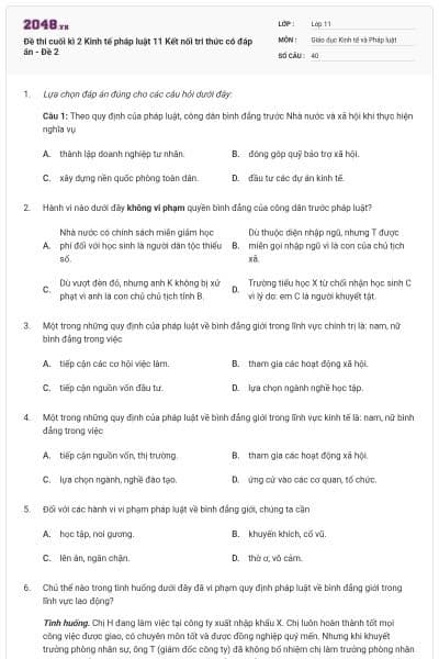 Đề thi cuối kì 2 Kinh tế pháp luật 11 Kết nối tri thức có đáp án - Đề 2