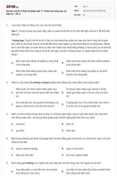 Đề thi cuối kì 2 Kinh tế pháp luật 11 Chân trời sáng tạo có đáp án - Đề 2