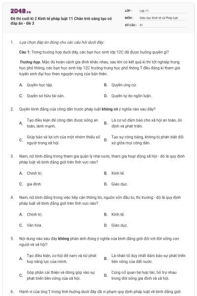 Đề thi cuối kì 2 Kinh tế pháp luật 11 Chân trời sáng tạo có đáp án - Đề 3