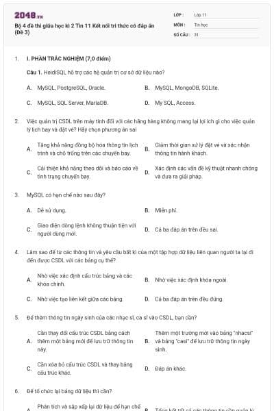 Bộ 4 đề thi giữa học kì 2 Tin 11 Kết nối tri thức có đáp án (Đề 3)