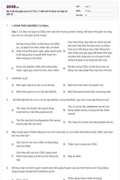 Bộ 4 đề thi giữa học kì 2 Tin 11 Kết nối tri thức có đáp án (Đề 4)