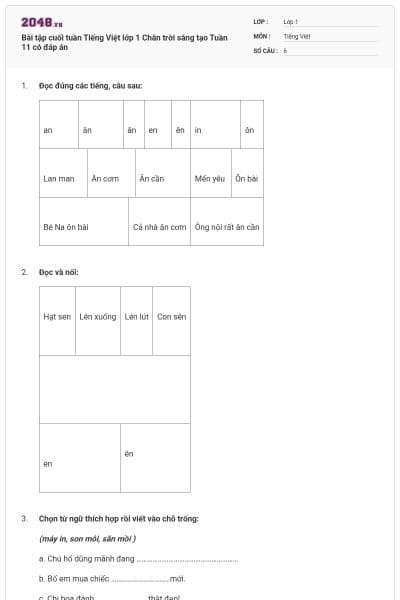 Bài tập cuối tuần Tiếng Việt lớp 1 Chân trời sáng tạo Tuần 11 có đáp án