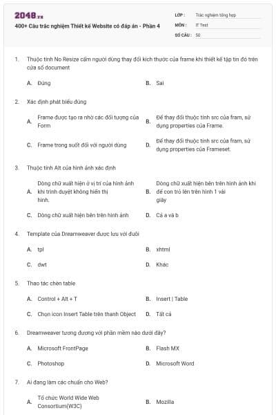400+ Câu trắc nghiệm Thiết kế Website có đáp án - Phần 4