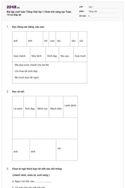 Bài tập cuối tuần Tiếng Việt lớp 1 Chân trời sáng tạo Tuần 15 có đáp án