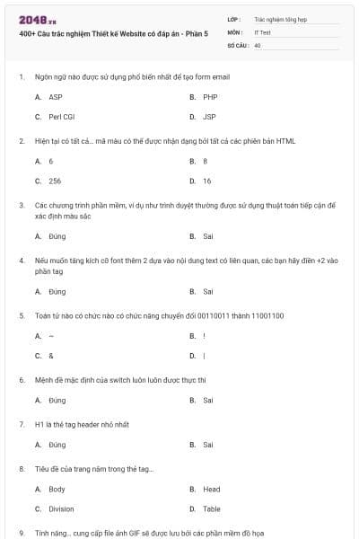 400+ Câu trắc nghiệm Thiết kế Website có đáp án - Phần 5