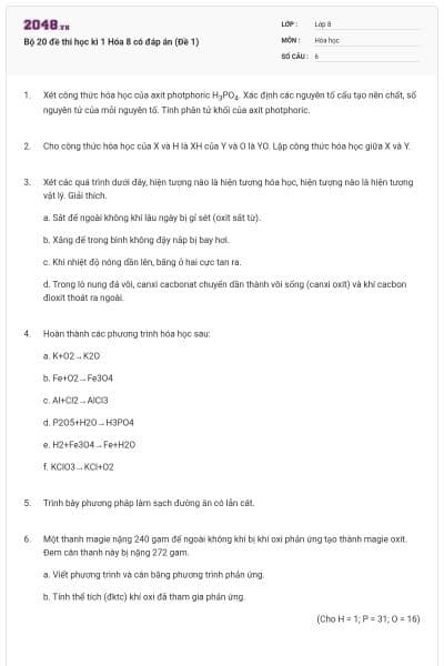 Bộ 20 đề thi học kì 1 Hóa 8 có đáp án (Đề 1)