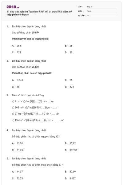 11 câu trắc nghiệm Toán lớp 5 Kết nối tri thức Khái niệm số thập phân có đáp án
