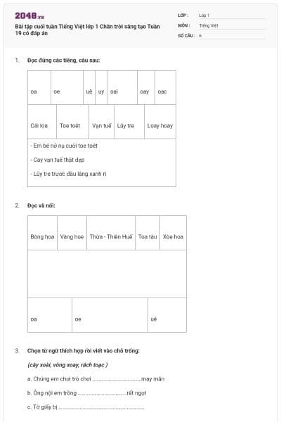 Bài tập cuối tuần Tiếng Việt lớp 1 Chân trời sáng tạo Tuần 19 có đáp án