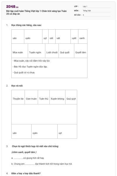 Bài tập cuối tuần Tiếng Việt lớp 1 Chân trời sáng tạo Tuần 20 có đáp án