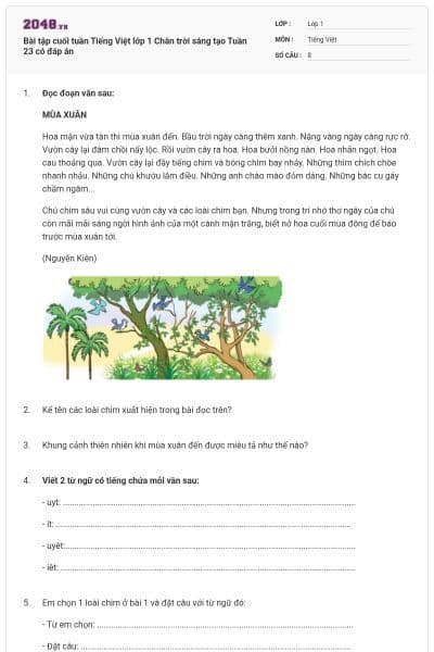 Bài tập cuối tuần Tiếng Việt lớp 1 Chân trời sáng tạo Tuần 23 có đáp án