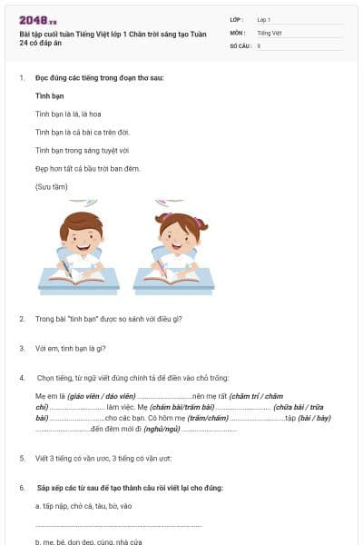 Bài tập cuối tuần Tiếng Việt lớp 1 Chân trời sáng tạo Tuần 24 có đáp án