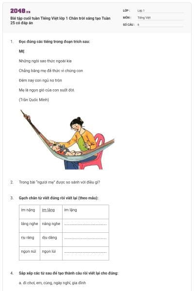 Bài tập cuối tuần Tiếng Việt lớp 1 Chân trời sáng tạo Tuần 25 có đáp án