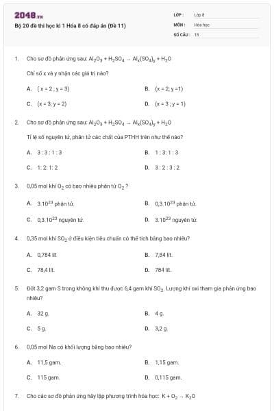 Bộ 20 đề thi học kì 1 Hóa 8 có đáp án (Đề 11)
