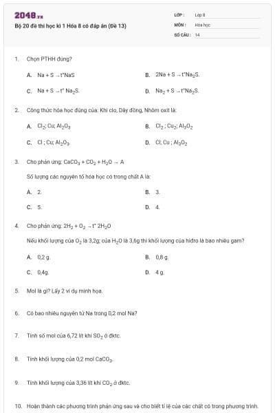 Bộ 20 đề thi học kì 1 Hóa 8 có đáp án (Đề 13)