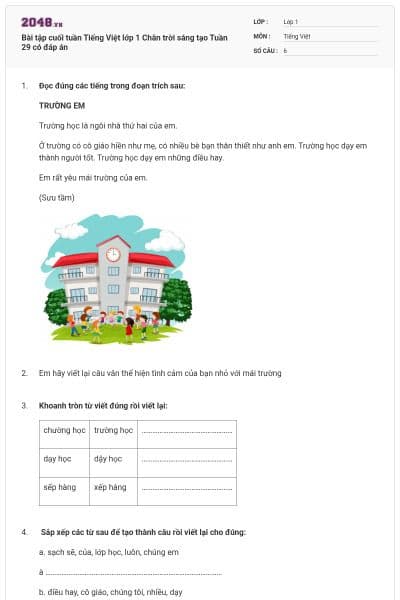 Bài tập cuối tuần Tiếng Việt lớp 1 Chân trời sáng tạo Tuần 29 có đáp án