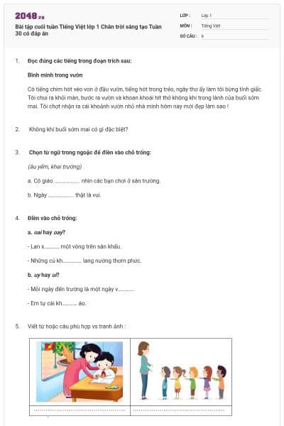 Bài tập cuối tuần Tiếng Việt lớp 1 Chân trời sáng tạo Tuần 30 có đáp án