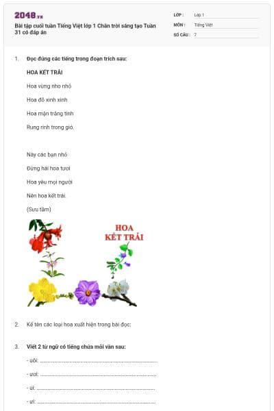 Bài tập cuối tuần Tiếng Việt lớp 1 Chân trời sáng tạo Tuần 31 có đáp án
