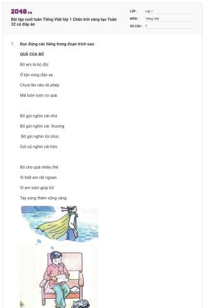 Bài tập cuối tuần Tiếng Việt lớp 1 Chân trời sáng tạo Tuần 32 có đáp án