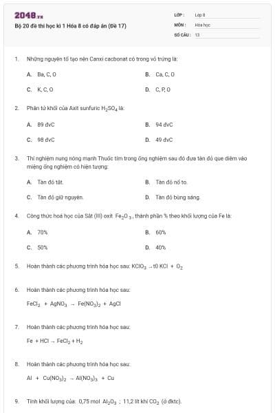 Bộ 20 đề thi học kì 1 Hóa 8 có đáp án (Đề 17)