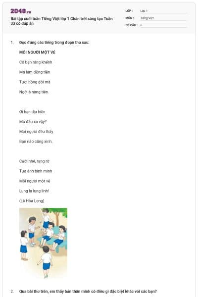 Bài tập cuối tuần Tiếng Việt lớp 1 Chân trời sáng tạo Tuần 33 có đáp án