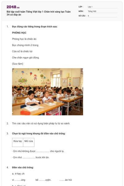 Bài tập cuối tuần Tiếng Việt lớp 1 Chân trời sáng tạo Tuần 34 có đáp án