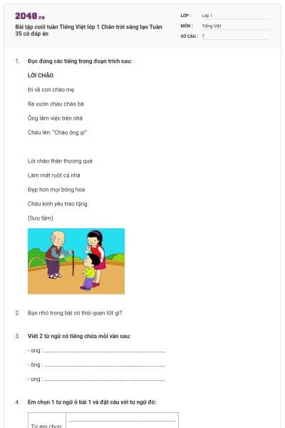Bài tập cuối tuần Tiếng Việt lớp 1 Chân trời sáng tạo Tuần 35 có đáp án