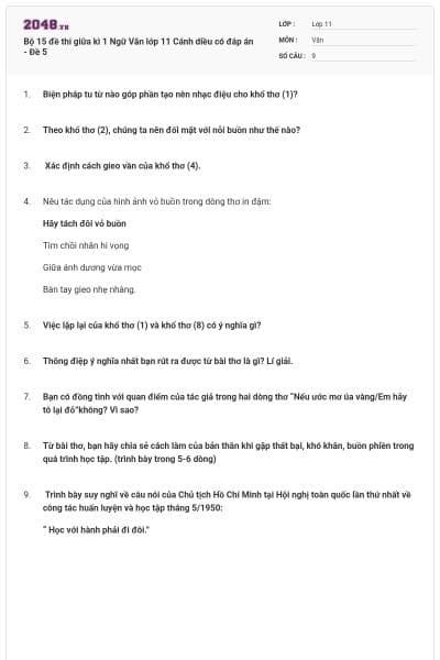 Bộ 15 đề thi giữa kì 1 Ngữ Văn lớp 11 Cánh diều có đáp án - Đề 5