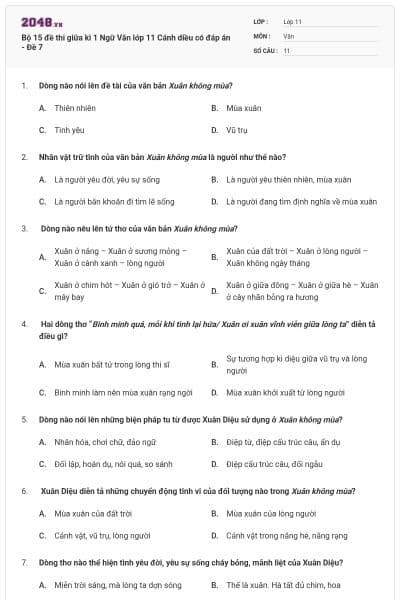 Bộ 15 đề thi giữa kì 1 Ngữ Văn lớp 11 Cánh diều có đáp án - Đề 7