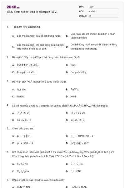 Bộ 30 đề thi học kì 1 Hóa 11 có đáp án (Đề 3)