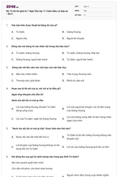 Bộ 15 đề thi giữa kì 1 Ngữ Văn lớp 11 Cánh diều có đáp án - Đề 9