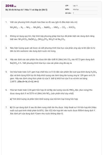 Bộ 30 đề thi học kì 1 Hóa 11 có đáp án (Đề 5)