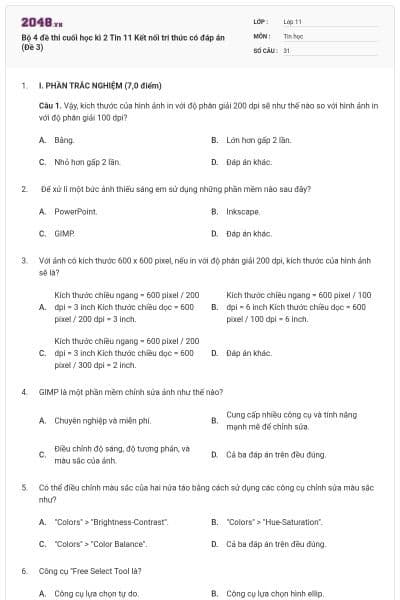 Bộ 4 đề thi cuối học kì 2 Tin 11 Kết nối tri thức có đáp án (Đề 3)