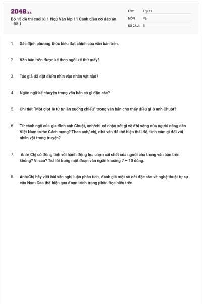 Bộ 15 đề thi cuối kì 1 Ngữ Văn lớp 11 Cánh diều có đáp án - Đề 1