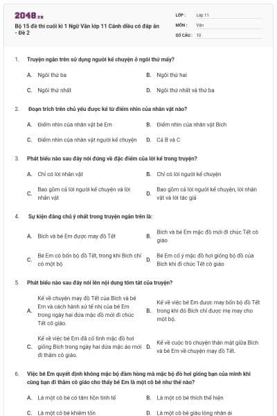 Bộ 15 đề thi cuối kì 1 Ngữ Văn lớp 11 Cánh diều có đáp án - Đề 2