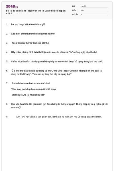 Bộ 15 đề thi cuối kì 1 Ngữ Văn lớp 11 Cánh diều có đáp án - Đề 4