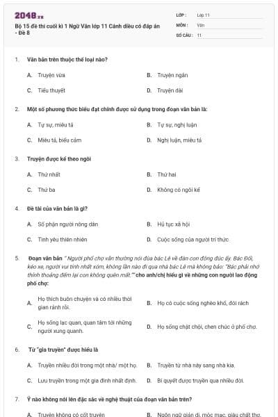 Bộ 15 đề thi cuối kì 1 Ngữ Văn lớp 11 Cánh diều có đáp án - Đề 8