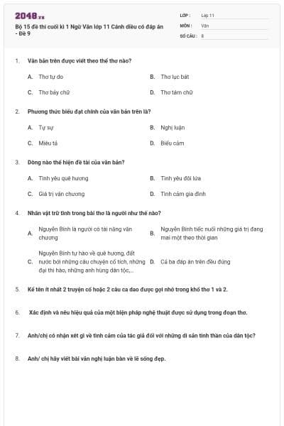 Bộ 15 đề thi cuối kì 1 Ngữ Văn lớp 11 Cánh diều có đáp án - Đề 9