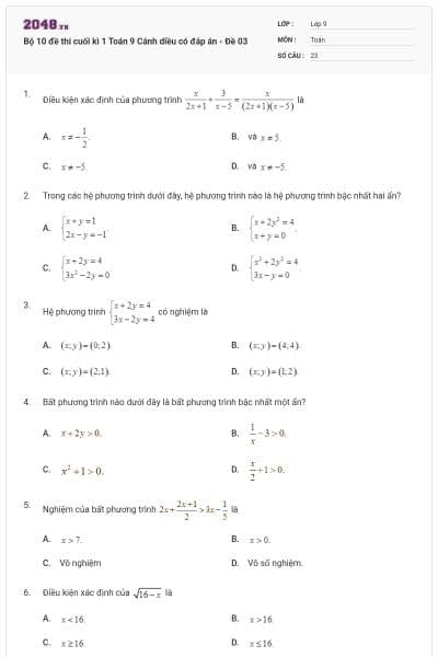 Bộ 10 đề thi cuối kì 1 Toán 9 Cánh diều có đáp án - Đề 03