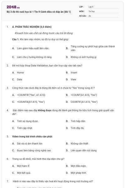 Bộ 3 đề thi cuối học kì 1 Tin 9 Cánh diều có đáp án (Đề 1)