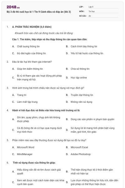 Bộ 3 đề thi cuối học kì 1 Tin 9 Cánh diều có đáp án (Đề 3)