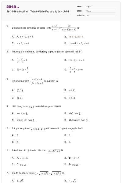 Bộ 10 đề thi cuối kì 1 Toán 9 Cánh diều có đáp án - Đề 04