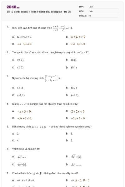 Bộ 10 đề thi cuối kì 1 Toán 9 Cánh diều có đáp án - Đề 05