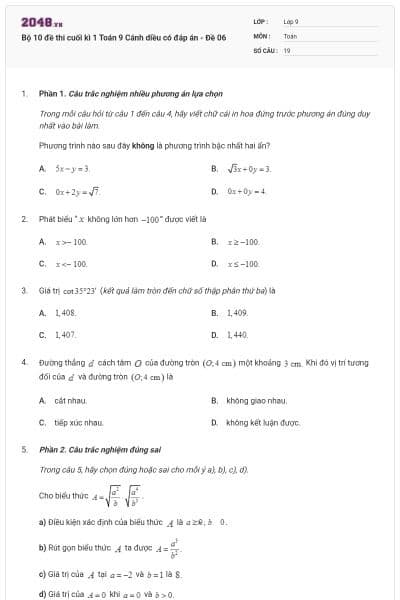 Bộ 10 đề thi cuối kì 1 Toán 9 Cánh diều có đáp án - Đề 06