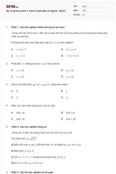 Bộ 10 đề thi cuối kì 1 Toán 9 Cánh diều có đáp án - Đề 07