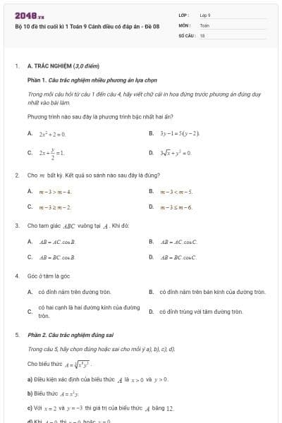 Bộ 10 đề thi cuối kì 1 Toán 9 Cánh diều có đáp án - Đề 08