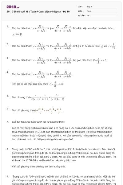 Bộ 10 đề thi cuối kì 1 Toán 9 Cánh diều có đáp án - Đề 10