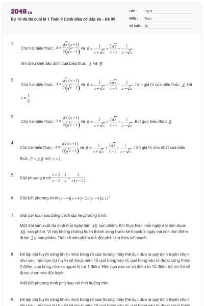Bộ 10 đề thi cuối kì 1 Toán 9 Cánh diều có đáp án - Đề 09